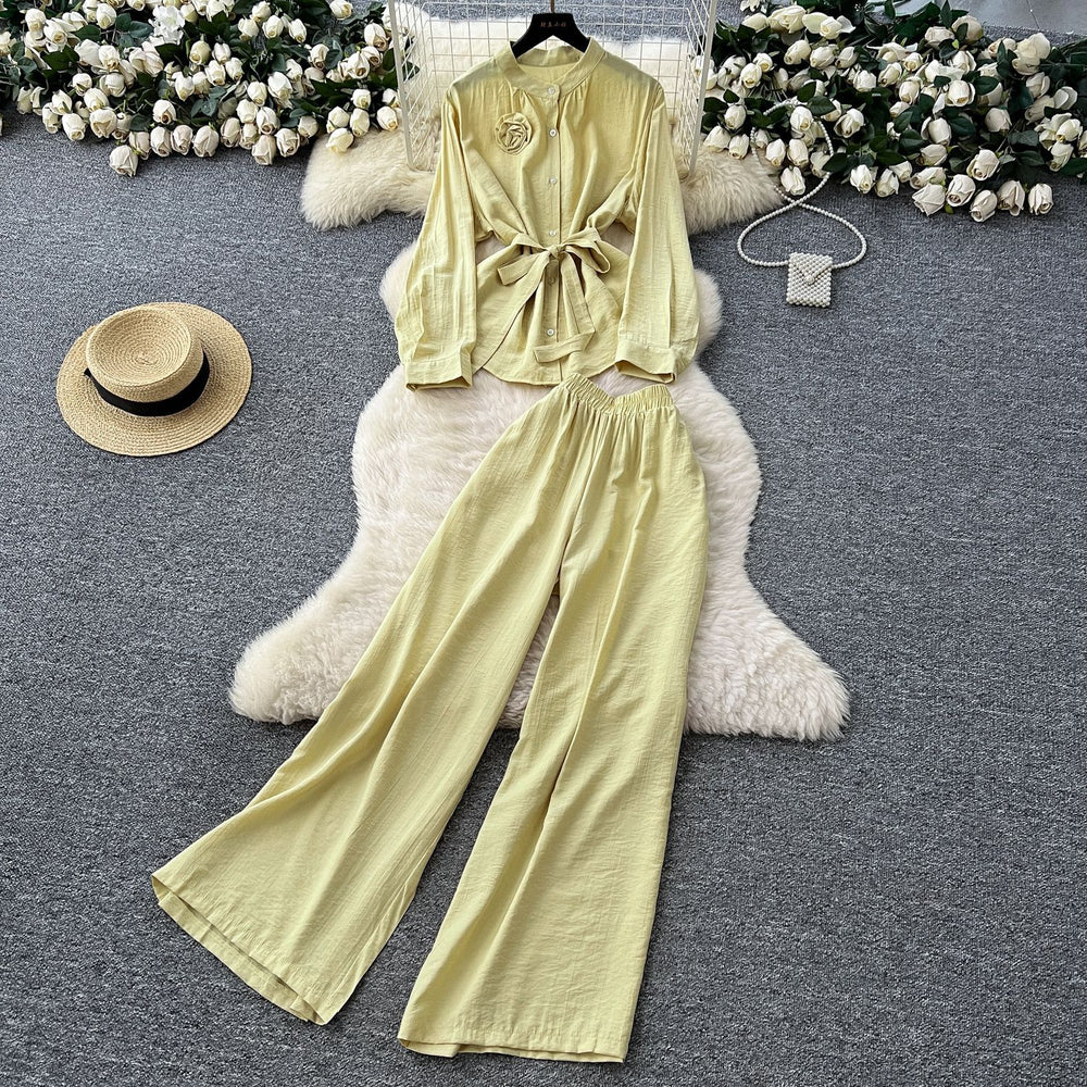 Casualsuit women's light mature style classy sense of strap flower long sleevesshirthigh waistloose pantsstraight-leg pantsfashionsuit
