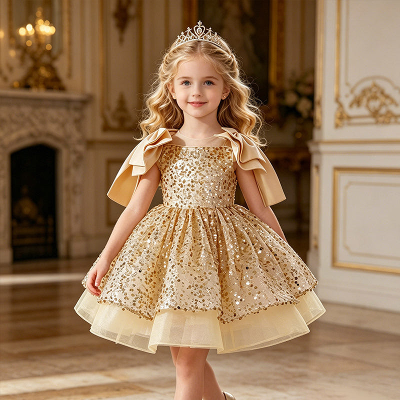 Girls' formal dress - knee-length puffy skirt with sequin accents - perfect for parties, fashionable kids' princess dress, birthday outfit - in stock