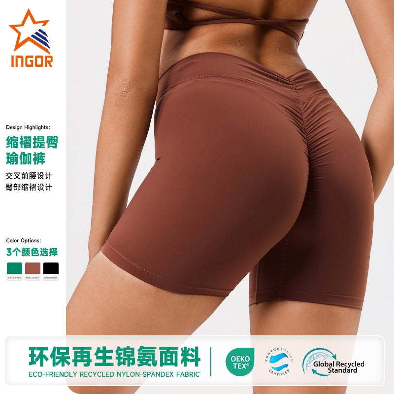 Eco-friendly recycled performance fabric cross-waist high-waisted workout shorts - high-stretch running peach lift yoga shorts