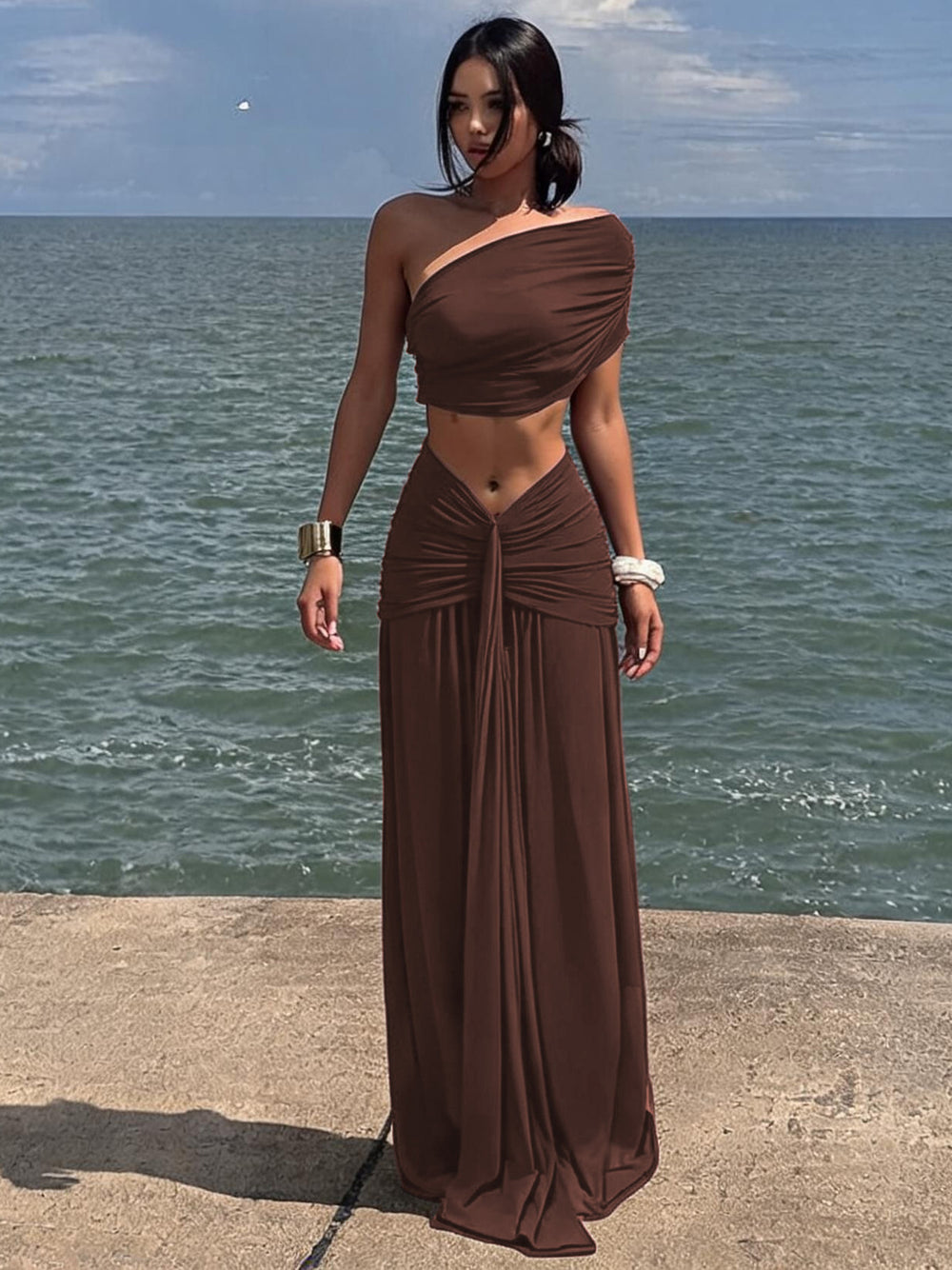 European and american women's clothing  summer new collection: solid color bandeau top, slim-fit strappy sexy ruched midi skirt set
