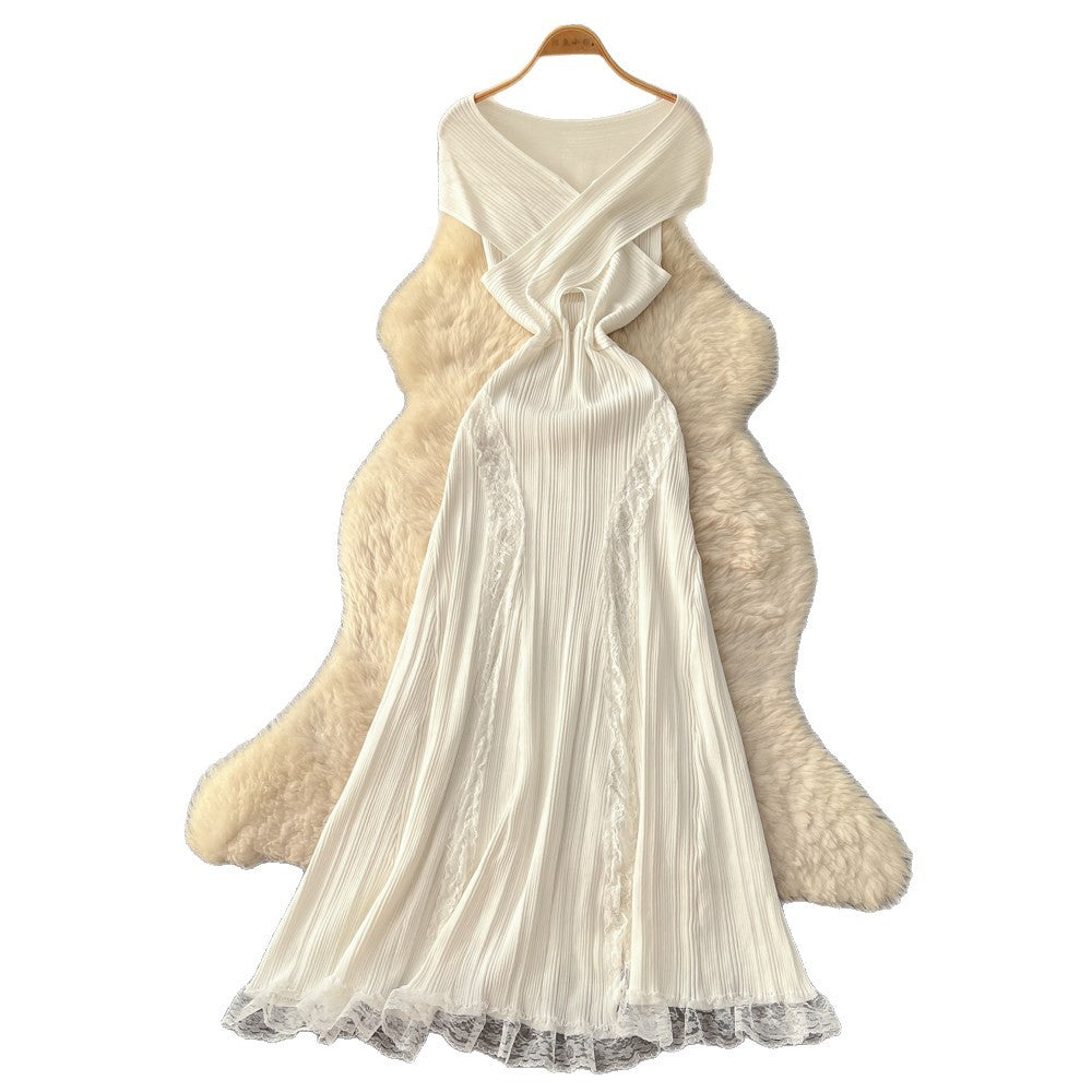 Luxury off-the-shoulder lace trim a-line knit dress - women's summer sleeveless high-end commute chic maxi dress
