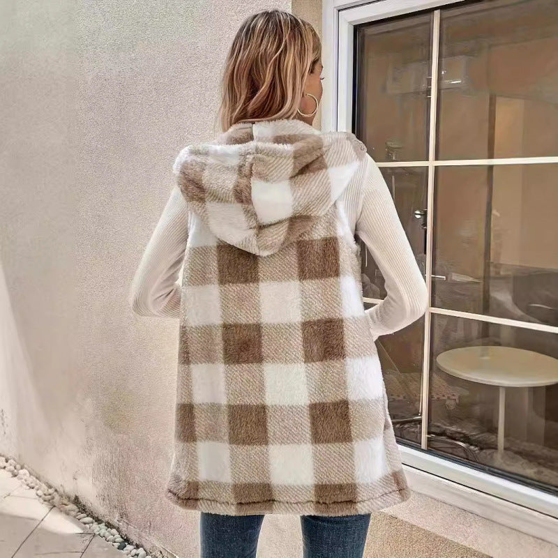 Europe, America,  autumn and winter fashion explosion temperament cardigan two-color plaid hooded women's plush vest jacket women