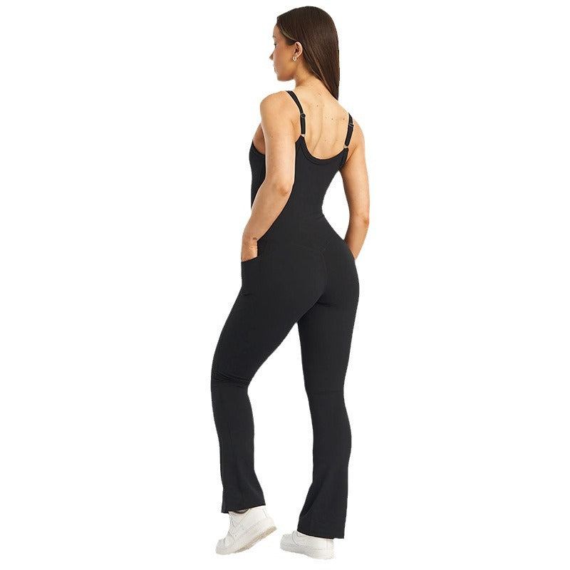 Sports European and American style  solid color pocket splicing simple fashion yoga casual suspender jumpsuit wholesale