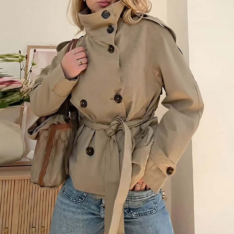 autumn new women's clothing - cross-border european & american style - versatile & fashionable commute solid color tie-waist trench coat