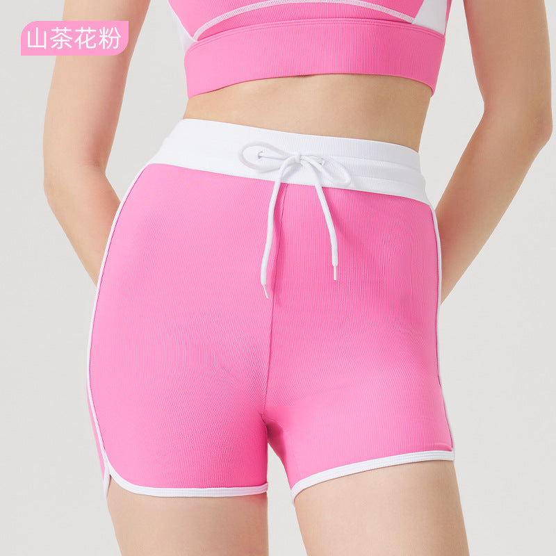 Spring/summer high-waisted activewear set for women - color block, open back, body-hugging, barely-there feel yoga set with running shorts - gym & yoga apparel