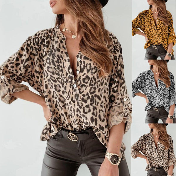 Spot European and American   spring and autumn printing women's shirt long sleeve leopard print single-breasted cardigan loose shirt women
