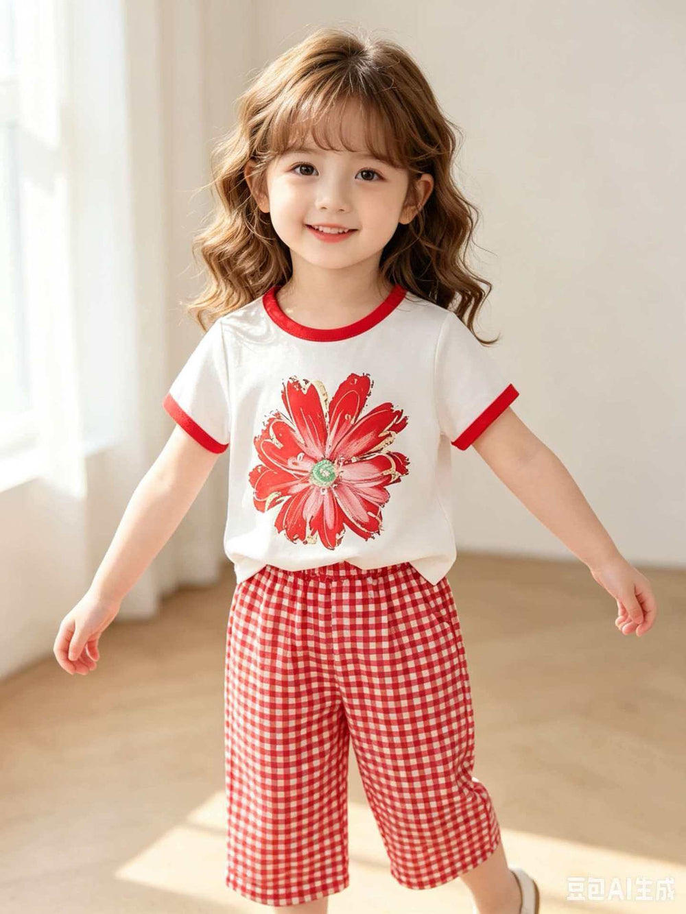 Kids clothing fashion children's clothing children's flower pattern white short-sleeved t-shirt red plaidpants