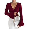 new  cross-border women's european and american v-neck flared sleeve burgundy t-shirt - spring/summer slim-fit base layer top