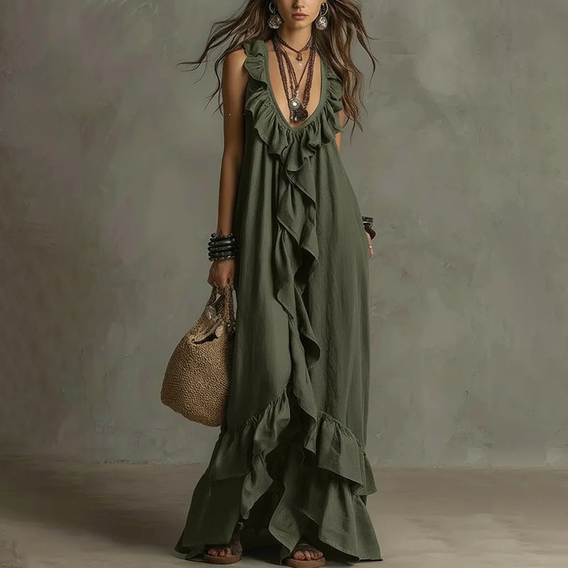 cross-border european and american women's clothing: new summer casual fashion v-neck sleeveless ruffle hem vintage maxi dress