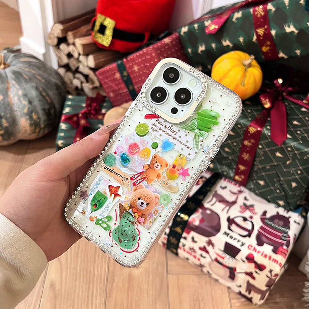 Ice cream bear iphone 17 air glitter diamond star phone case, apple 16 pro diamond-studded protective cover, 15