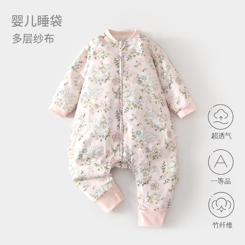 Baby muslin swaddle sleep sack - bamboo fiber, spring/summer, unisex, split-leg design, newborn zipper closure, front 6-layer, back 4-layer