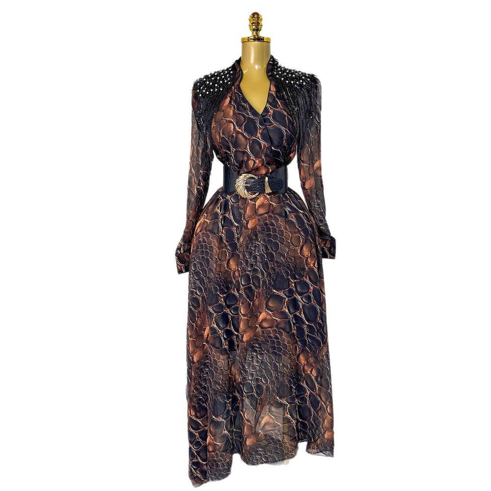 High-end fashionabledress women's french beading sequinembroiderv neck waist long sleeves leopard print printingelegance long skirt