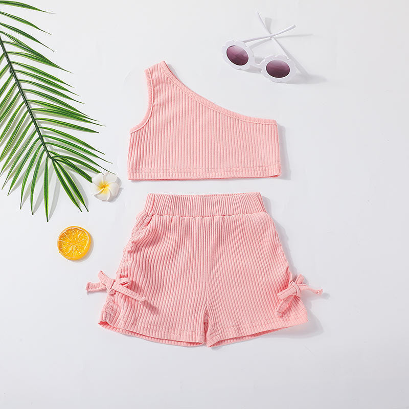 Summer kids' tank top & shorts set - european & american style - solid color off-shoulder cami with shorts - girls' short sleeve outfit (2-piece)