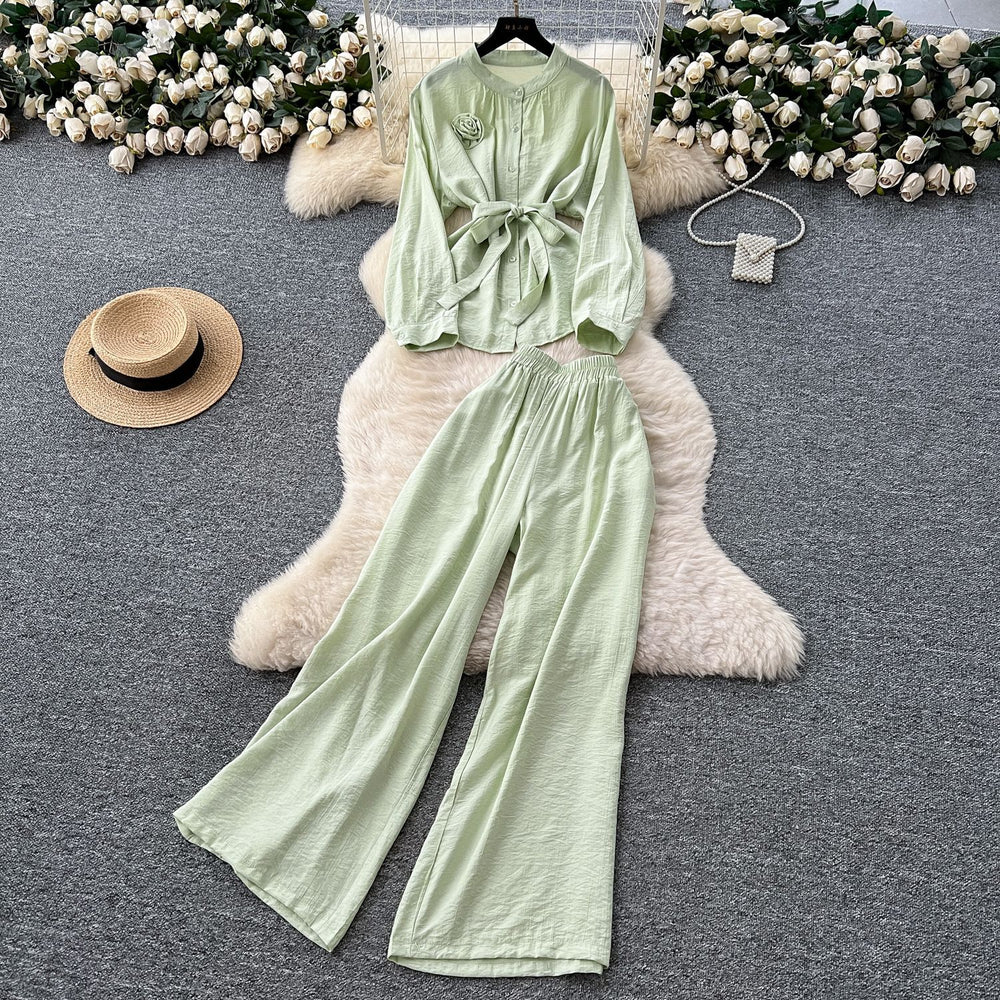 Casualsuit women's light mature style classy sense of strap flower long sleevesshirthigh waistloose pantsstraight-leg pantsfashionsuit