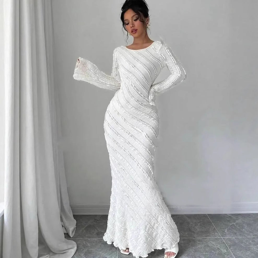 European and american women's clothing  summer new arrivals: sweet and fresh round neck long sleeve high waist slimming midi dress