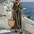 cross-border fashion: european & american summer new arrivals - women's stylish vacation v-neck short sleeve striped ruched maxi dress