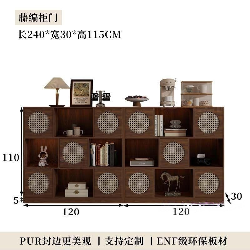 Half wall solid wood bookcase low cabinet storage cabinet all-in-one living room side cabinet combination cabinet storage rack color matching rattan bookshelf