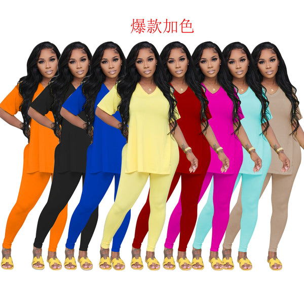 YZ1316 European and American  women's clothing   fashion casual split trousers short sleeves spring and summer two-piece set