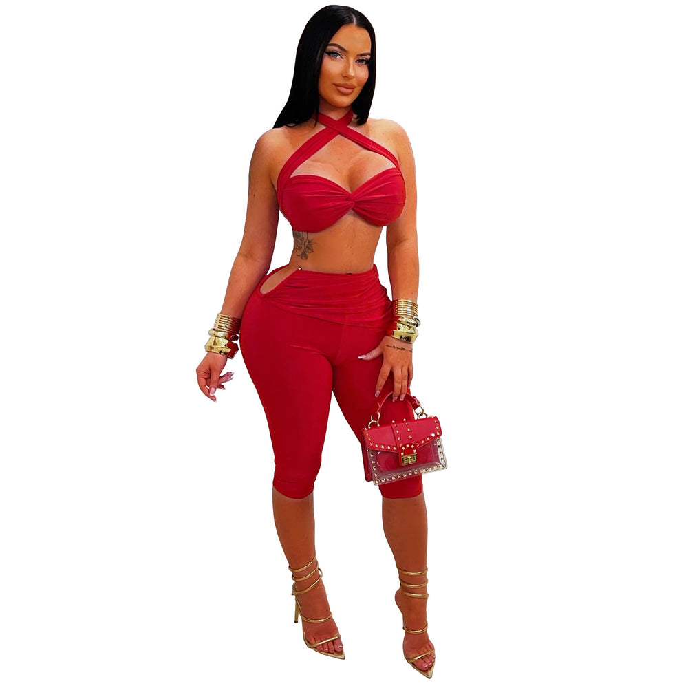 C7673 cross-border   fashion women's sexy solid color lace-up bodycon bodycon set