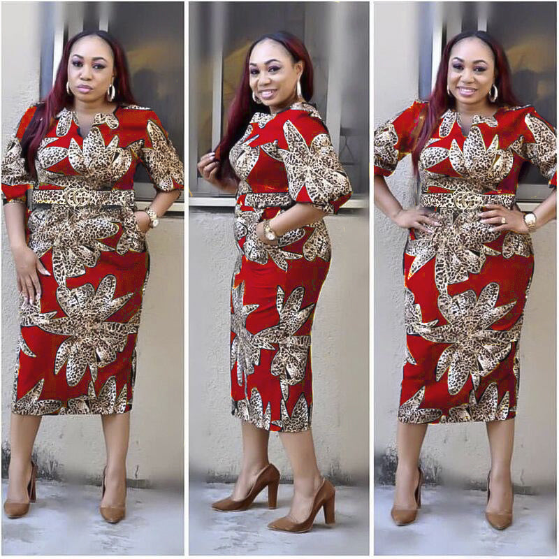 African clothing plus size women's leopard print dress slim fit bodycon midi dress with belt and ruffle sleeves