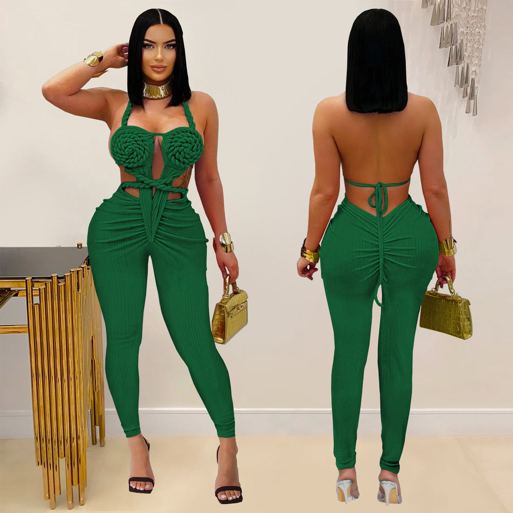 C7489 cross-border   fashion women's casual sexy halter backless solid color jumpsuit