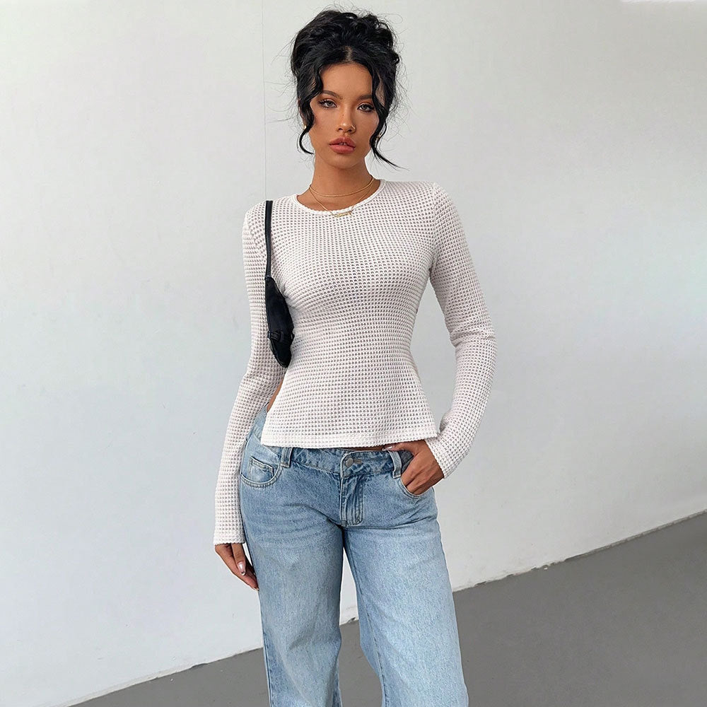 Shein Independent Station Hot Sale Women's Clothing Royal Sister Versatile Autumn and Winter T-Shirt Waist Strap Slim Sense Design Long Sleeve Top