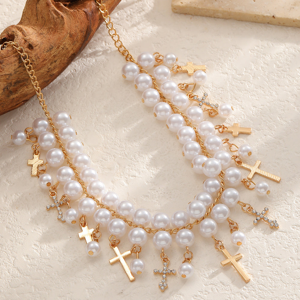 Vintage multi-layer faux pearl necklace, european and american fashion, unique design with diamond-accented cross pendant, choker necklace