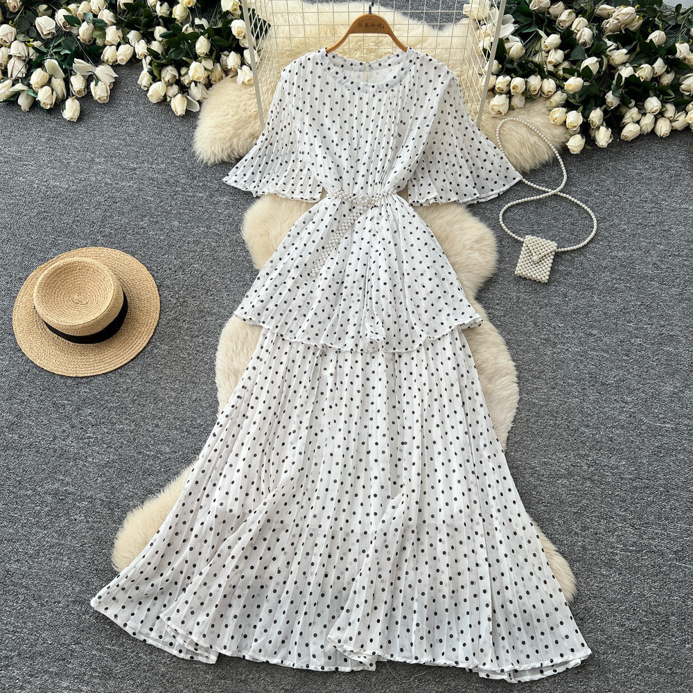 French red polka dot short-sleeve a-line dress - women's summer slimming cake dress - elegant commute maxi dress