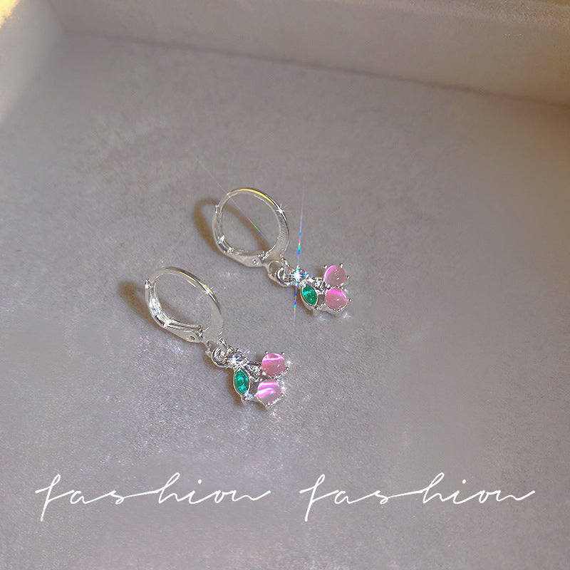 Spring pink cherry earrings 2026 niche style ear cuffs fashionable elegant sweet forest style accessories