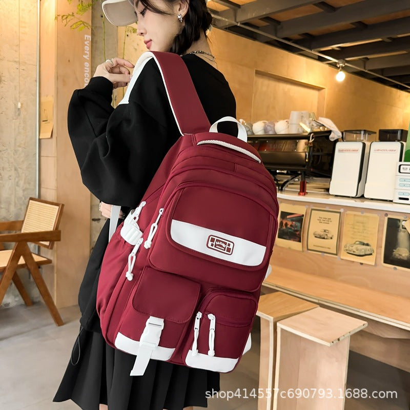 Backpack with multiple flap pocket pants design, junior high school student school bag, travel couple, large capacity, wear-resistant and dirt-resistant, campus style