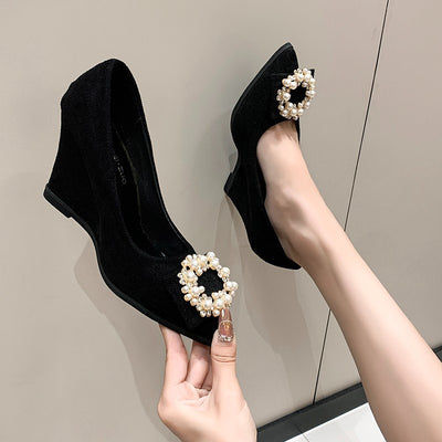Plus size wedge heel single shoes for women, 2025 spring/autumn new collection, pearl black pointed toe high heels, women's suede fashion shoes