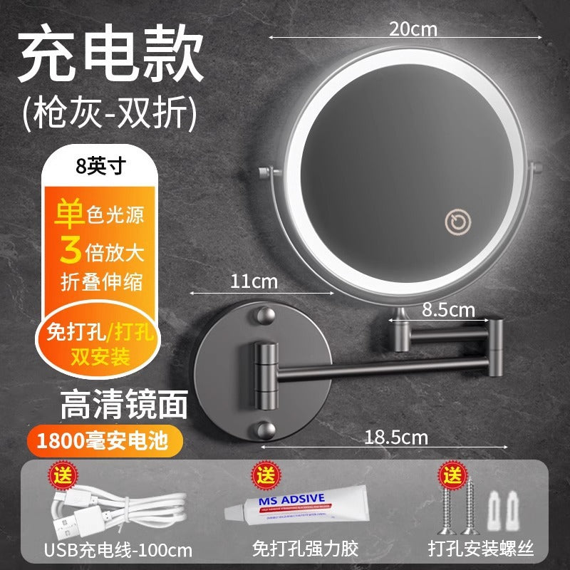 Toilet mirror folding non-punching hotel bathroom cosmetic mirror wall hanging telescopic double-sided LED beauty mirror with lamp