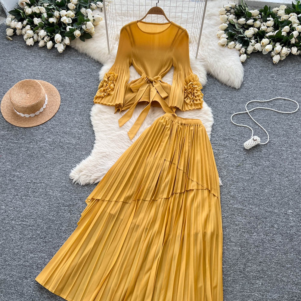 Fashionsense of design strappy waist flared sleeves asymmetrical pleated topshigh waistslimming look large swing skirt suit