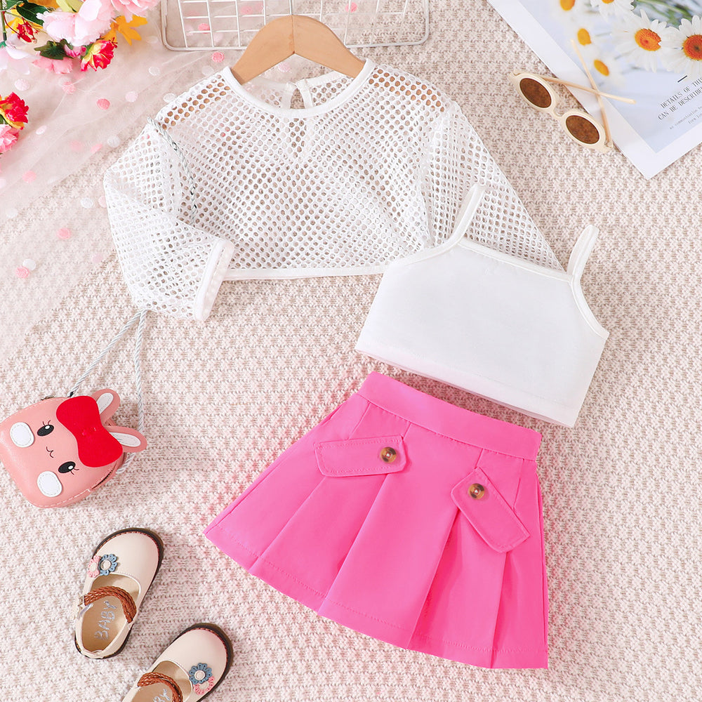 summer new girls' mesh long-sleeve top + cropped tank top + pleated skirt three-piece set - in stock