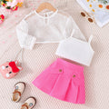 summer new girls' mesh long-sleeve top + cropped tank top + pleated skirt three-piece set - in stock