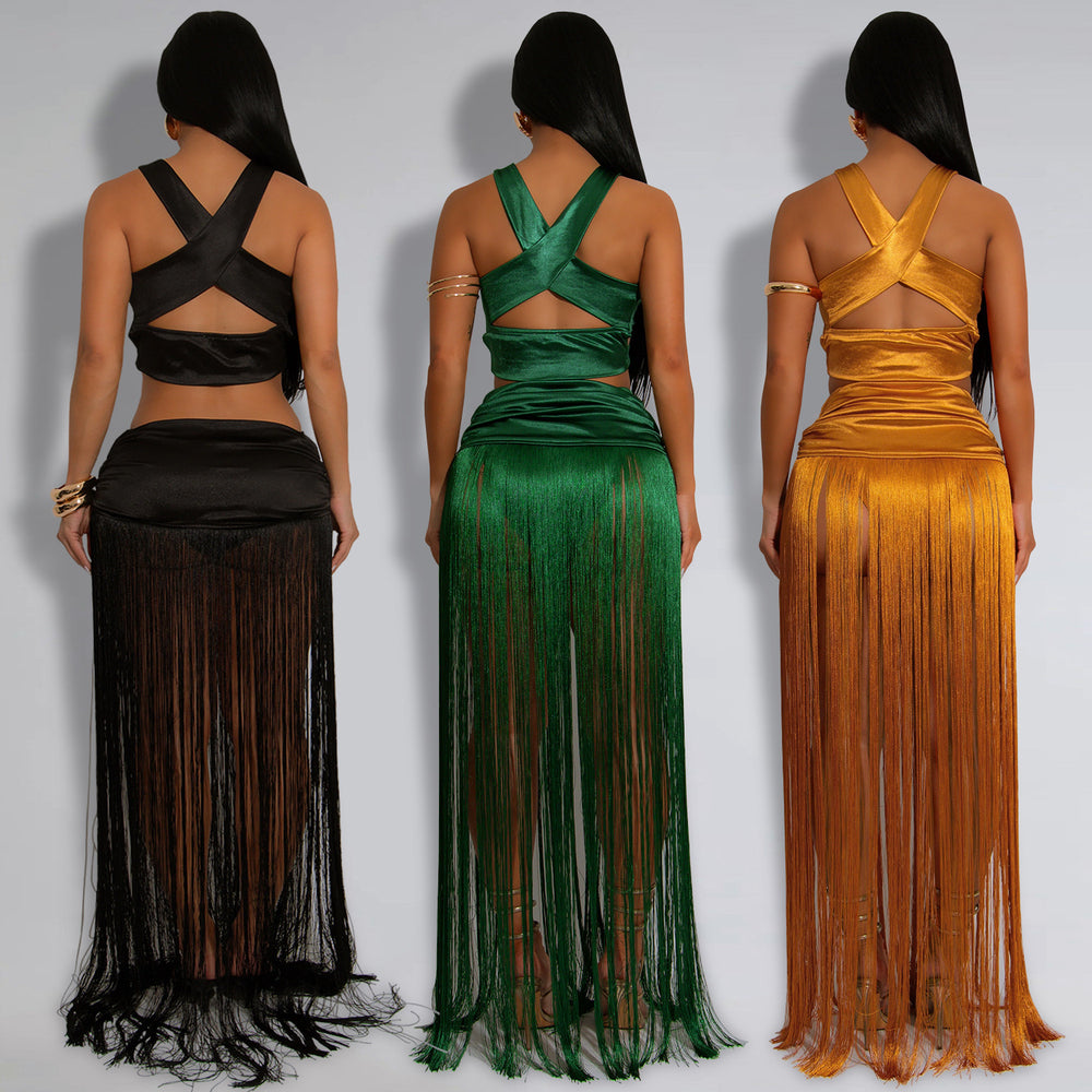 C7438 cross-border   fashion women's sexy strappy top and tassel maxi skirt two-piece set
