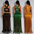 C7438 cross-border   fashion women's sexy strappy top and tassel maxi skirt two-piece set