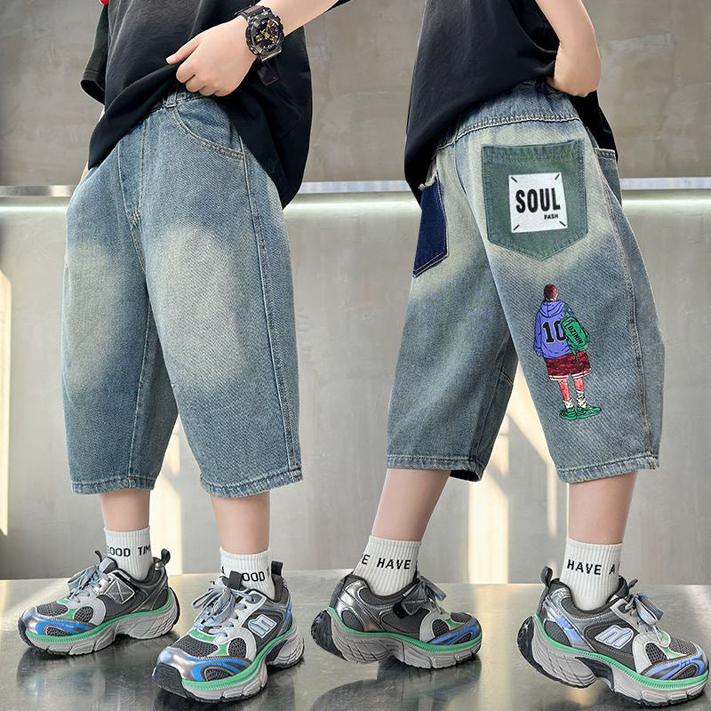 Boys' mid-length shorts - summer  new collection - kids' 5-inch shorts - big & tall boys' denim shorts - printed design