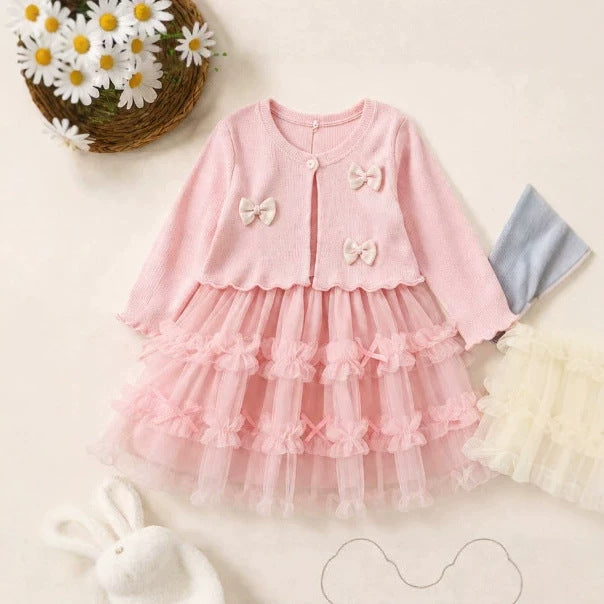 Sweet bowknot girls' dress - new mesh collection for autumn  - sweet mesh princess dress for baby girls