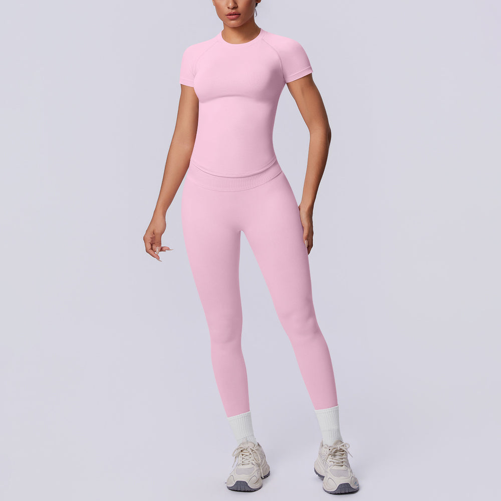 fashion seamless knittingpure color tight breathable long yoga suit sports running fitness two-piece set