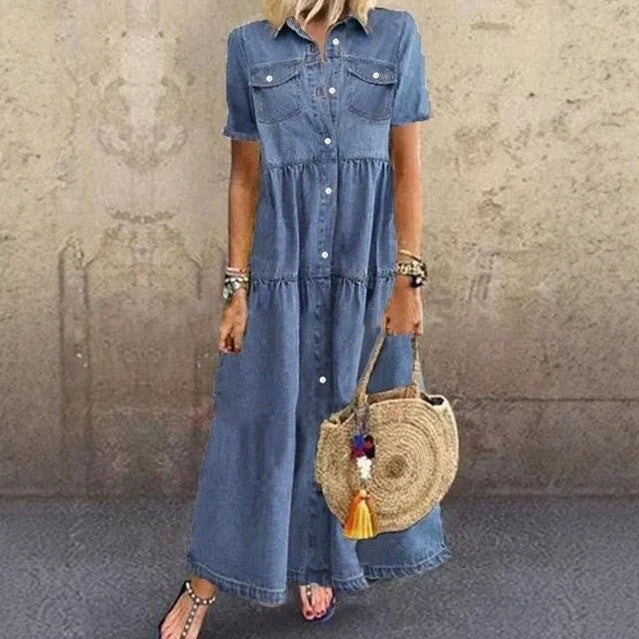 fashionindependent stationexportfashiontrendysummer short-sleeved casual style lapel distressed denim dress