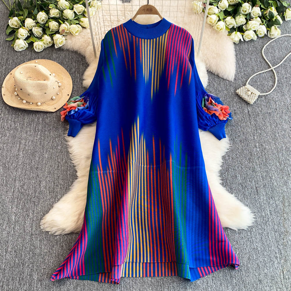 Miura pleated colorfuldress female round neck lantern sleeve looseelegance vertical stripes belly-covering slimming look over-the-knee skirt