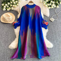Miura pleated colorfuldress female round neck lantern sleeve looseelegance vertical stripes belly-covering slimming look over-the-knee skirt