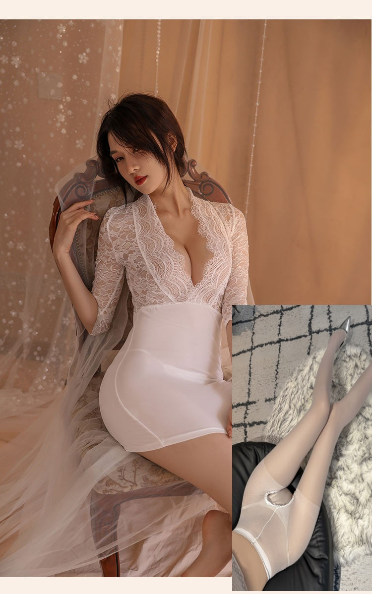 Sexy lingerie, tight-fitting hip skirt, sexy secretary uniform, seductive deep v, exposed breasts, lace see-through pure desire sexy clothing
