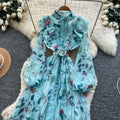 French chic elegant women's fall dress - high-end ruffle trim, tie-waist, printed maxi dress
