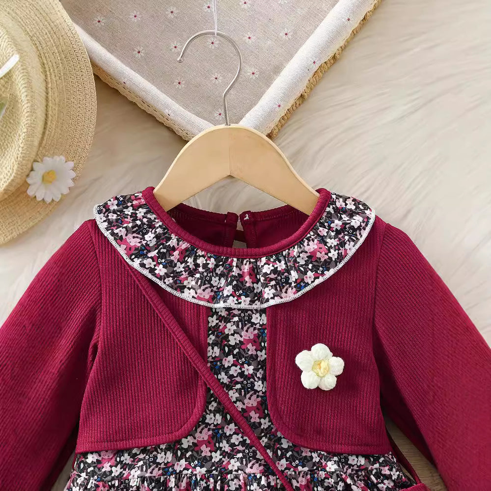 girls' floral knit patchwork dress top princess dress autumn ruffle collar new long sleeve children's wear