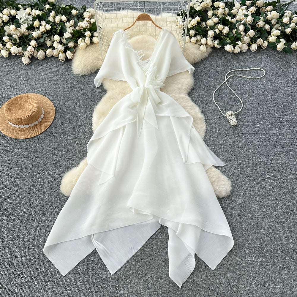 Fashionable v neckstereopatchwork strap waist asymmetrical pleated dress women's celebrity fashionable dress