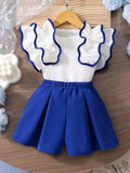 Girls' two-piece outfit: ruffle-trimmed top + solid color shorts set