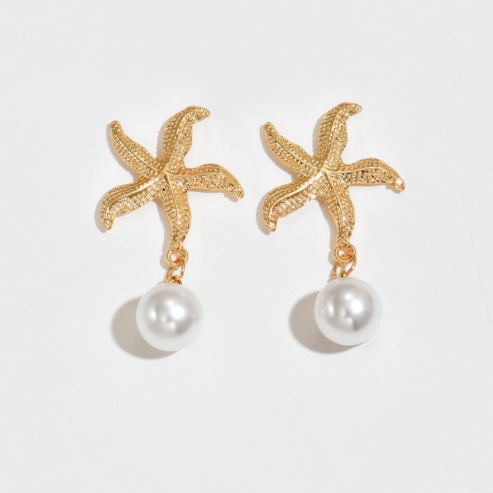 Wholesale faux pearl earrings - european & american style, starfish dangle earrings for women, unique & exaggerated, niche & affordable luxury, autumn/winter gold stud earrings