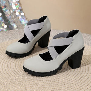 New  cross-strap round toe chunky heel pumps -  autumn women's low-cut high heel mary janes - size 43